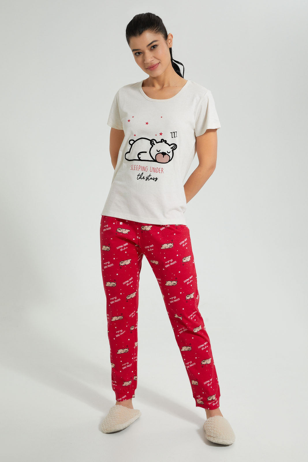 Redtag-Ecru-Melange-Printed-Pyjama-Set-Colour:Ecru,-Filter:Women's-Clothing,-New-In,-New-In-Women,-Non-Sale,-S22B,-Section:Women,-Women-Pyjama-Sets-Women's-