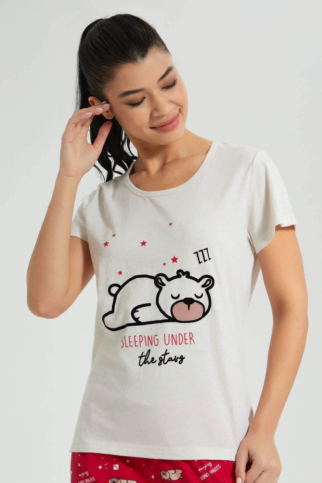 Redtag-Ecru-Melange-Printed-Pyjama-Set-Colour:Ecru,-Filter:Women's-Clothing,-New-In,-New-In-Women,-Non-Sale,-S22B,-Section:Women,-Women-Pyjama-Sets-Women's-