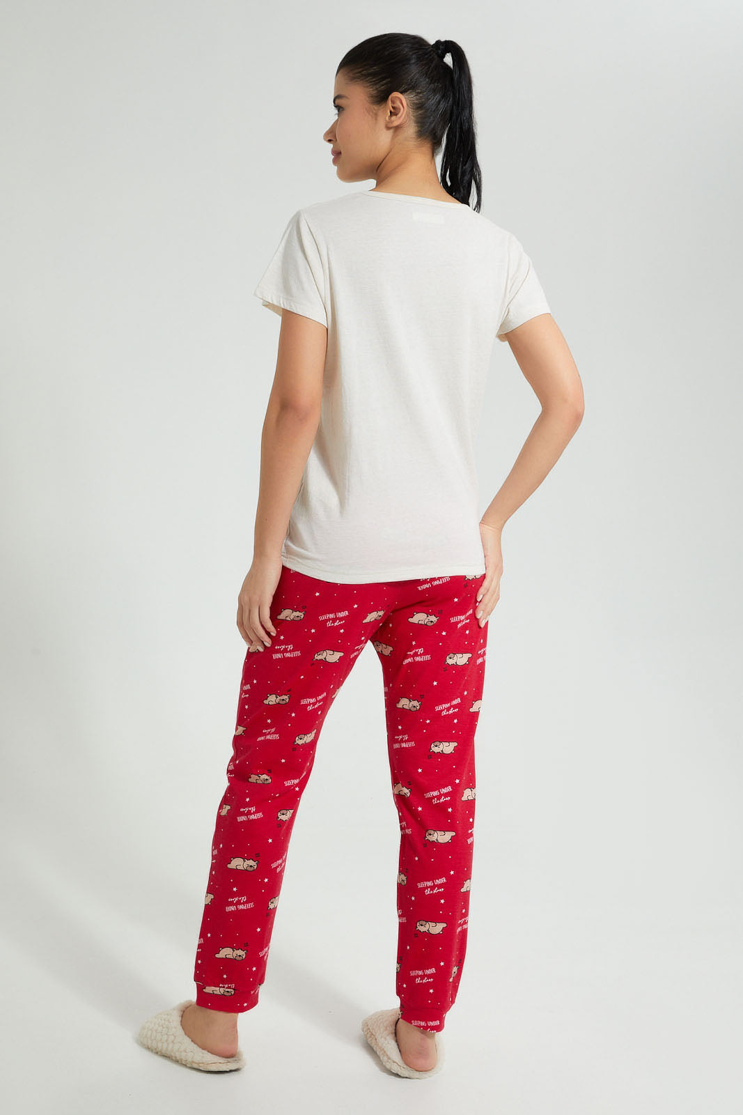Redtag-Ecru-Melange-Printed-Pyjama-Set-Colour:Ecru,-Filter:Women's-Clothing,-New-In,-New-In-Women,-Non-Sale,-S22B,-Section:Women,-Women-Pyjama-Sets-Women's-