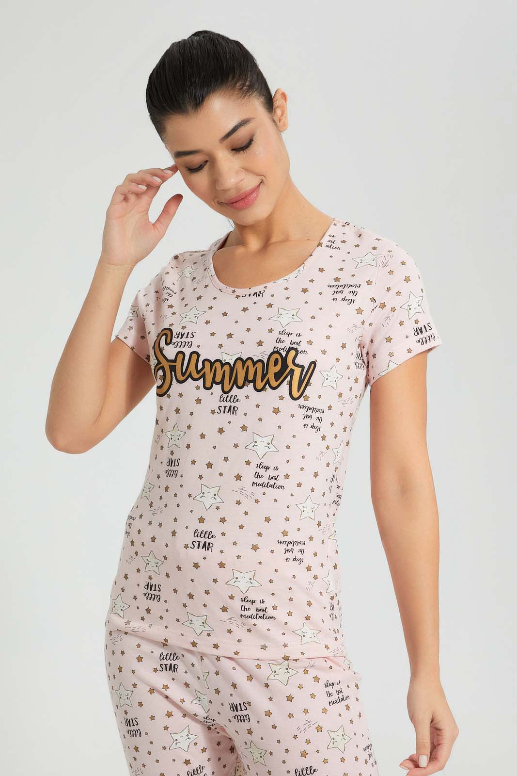 Redtag-Peach-Allover-Printed-Pyjama-Set-Colour:Pink,-Filter:Women's-Clothing,-New-In,-New-In-Women,-Non-Sale,-S22B,-Section:Women,-Women-Pyjama-Sets-Women's-