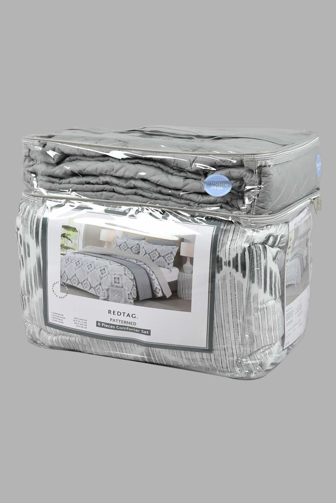 Redtag-Grey-Geometric-Print-6-Piece-Comforter-Set-(Double-Size)-Comforters-Home-Bedroom-