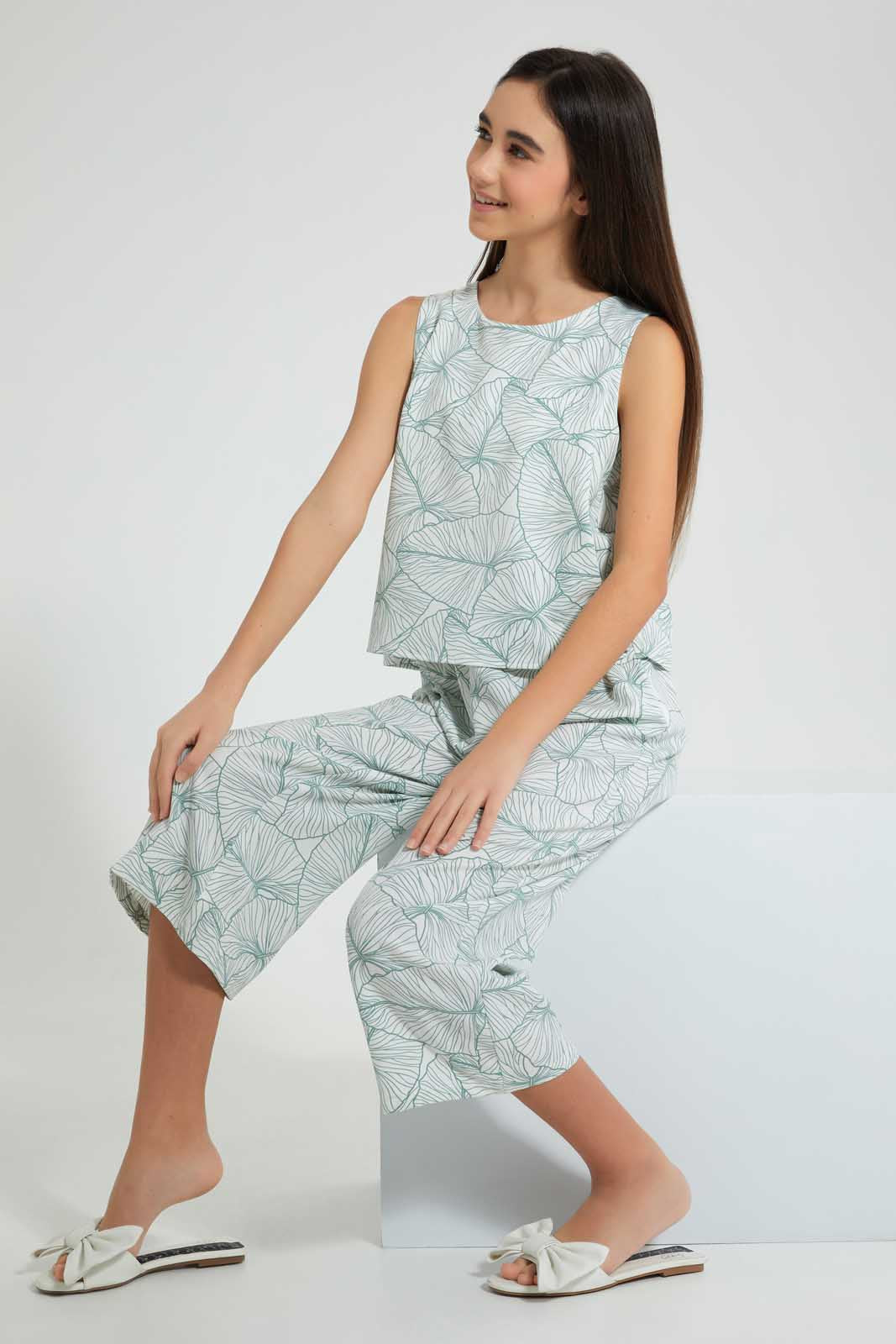 Redtag-White/Green-Leaves-Print-Twofer-Jumpsuit-Dresses-Senior-Girls-9 to 14 Years