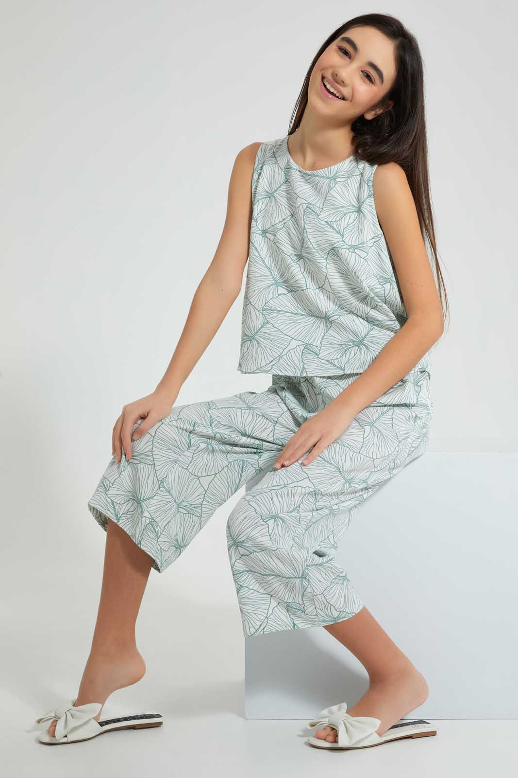 Redtag-White/Green-Leaves-Print-Twofer-Jumpsuit-Dresses-Senior-Girls-9 to 14 Years