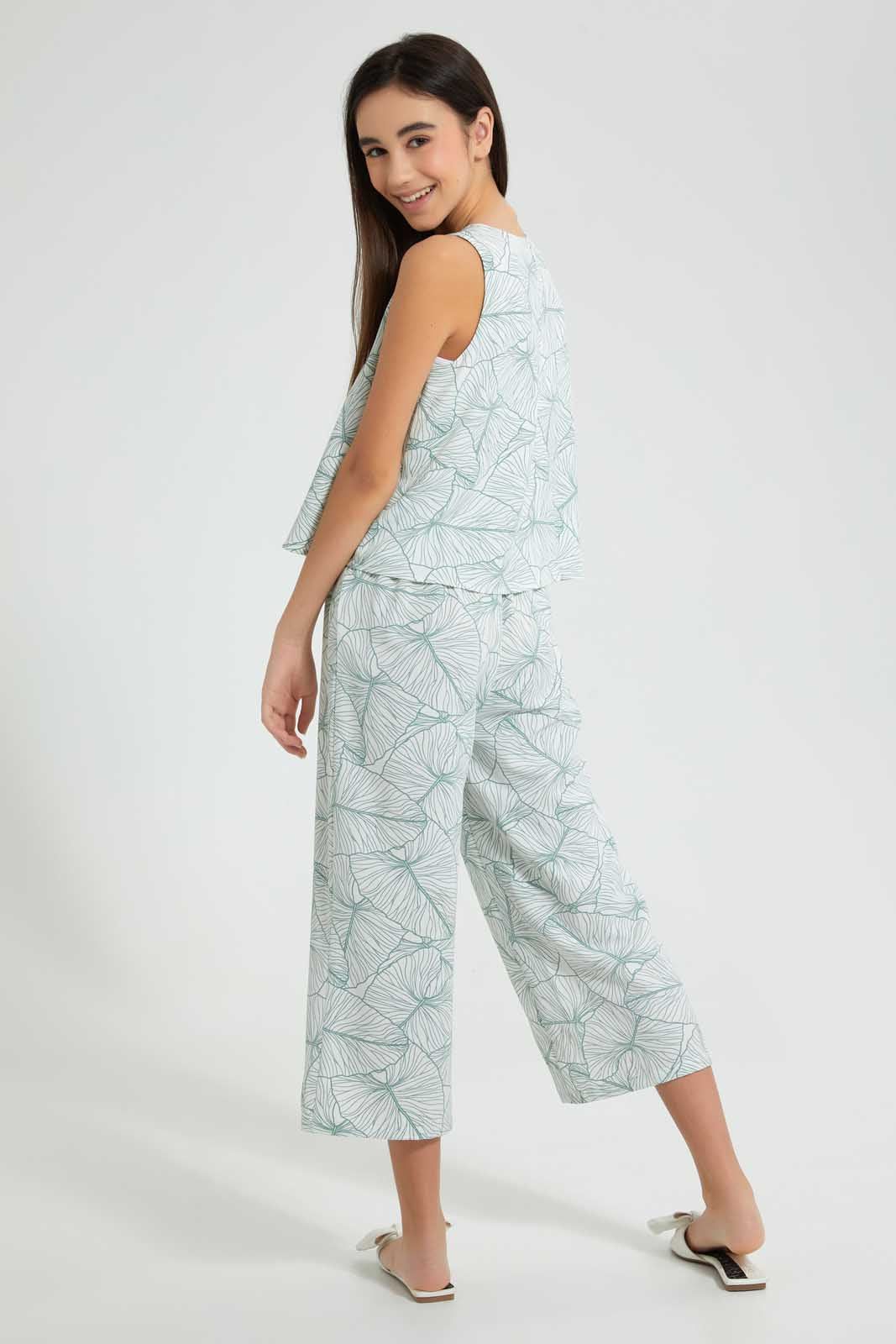 Redtag-White/Green-Leaves-Print-Twofer-Jumpsuit-Dresses-Senior-Girls-9 to 14 Years