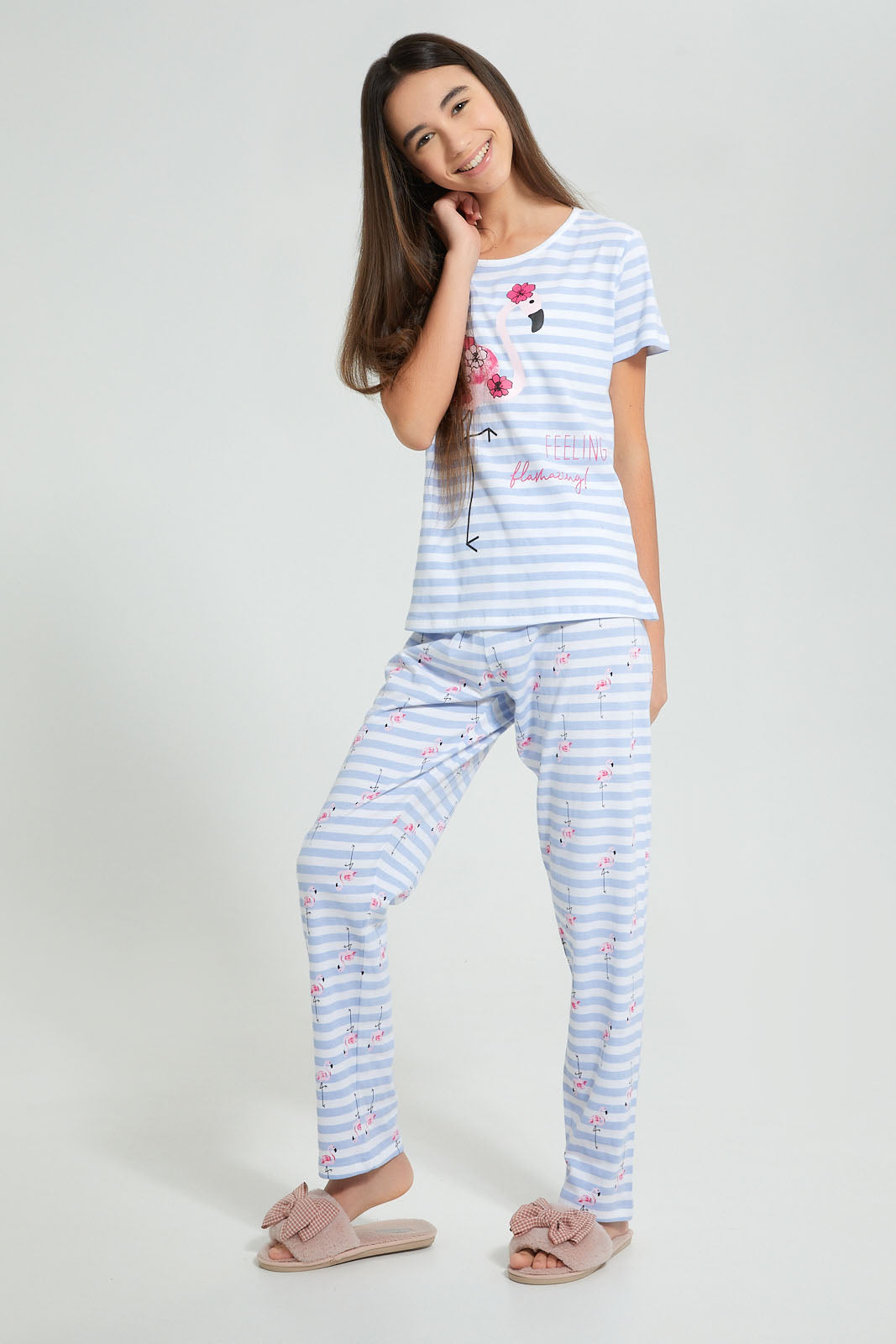 Redtag-White/Blue-Stripe-Flamingo-Pajama-Sets-Pyjama-Sets-Senior-Girls-9 to 14 Years