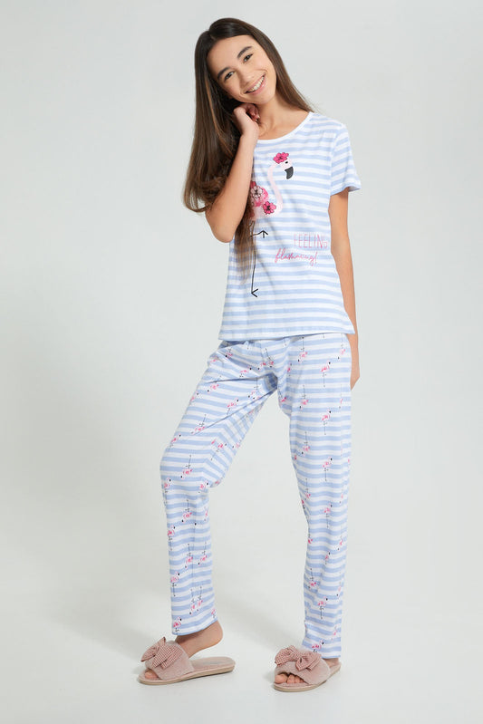Redtag-White/Blue-Stripe-Flamingo-Pajama-Sets-Pyjama-Sets-Senior-Girls-9 to 14 Years