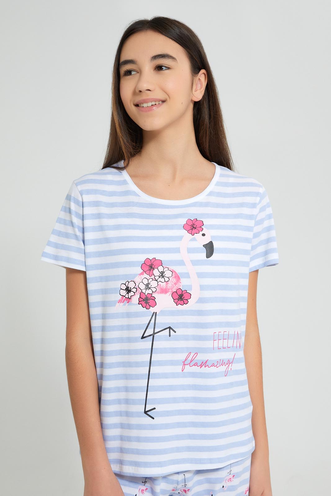 Redtag-White/Blue-Stripe-Flamingo-Pajama-Sets-Pyjama-Sets-Senior-Girls-9 to 14 Years