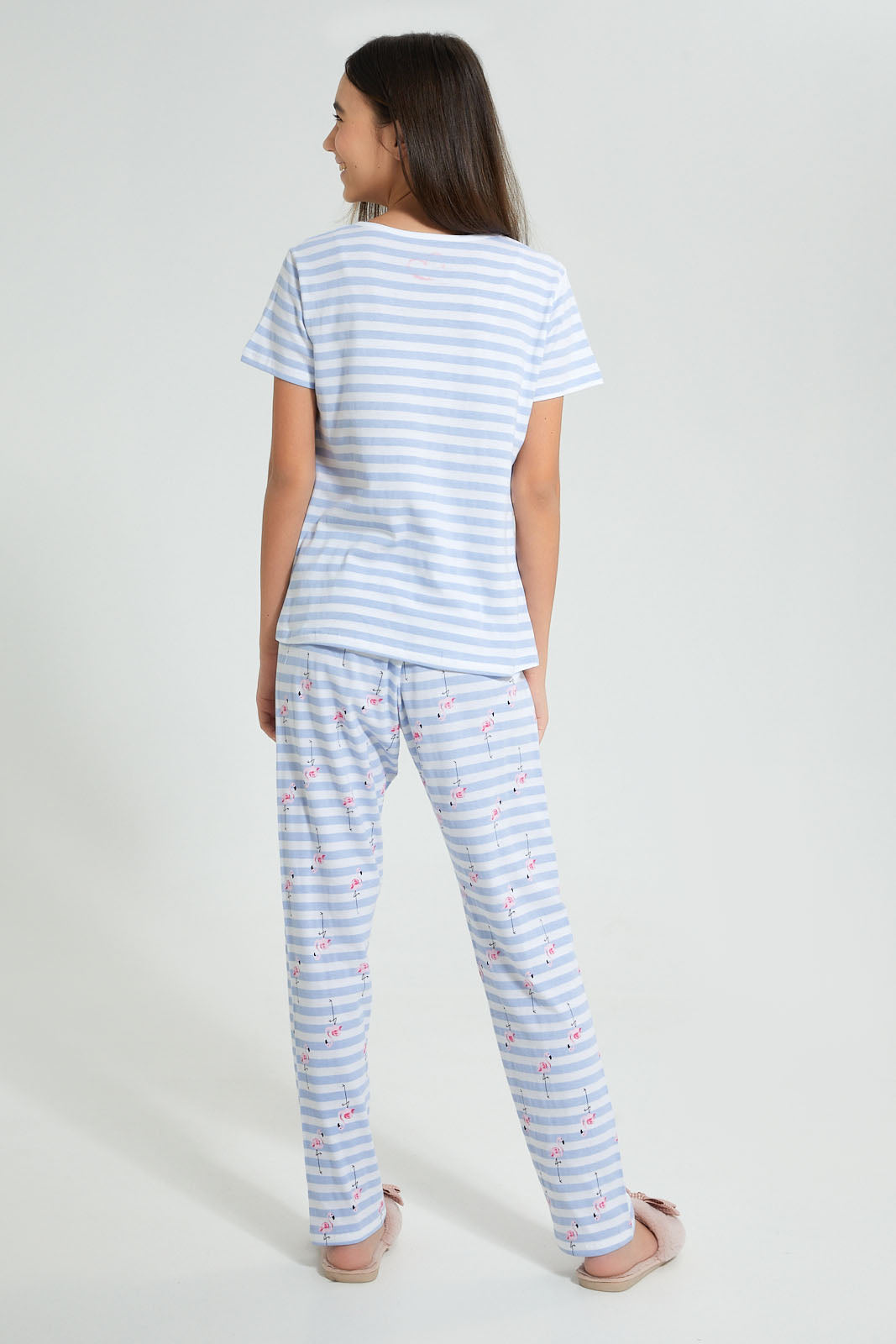 Redtag-White/Blue-Stripe-Flamingo-Pajama-Sets-Pyjama-Sets-Senior-Girls-9 to 14 Years