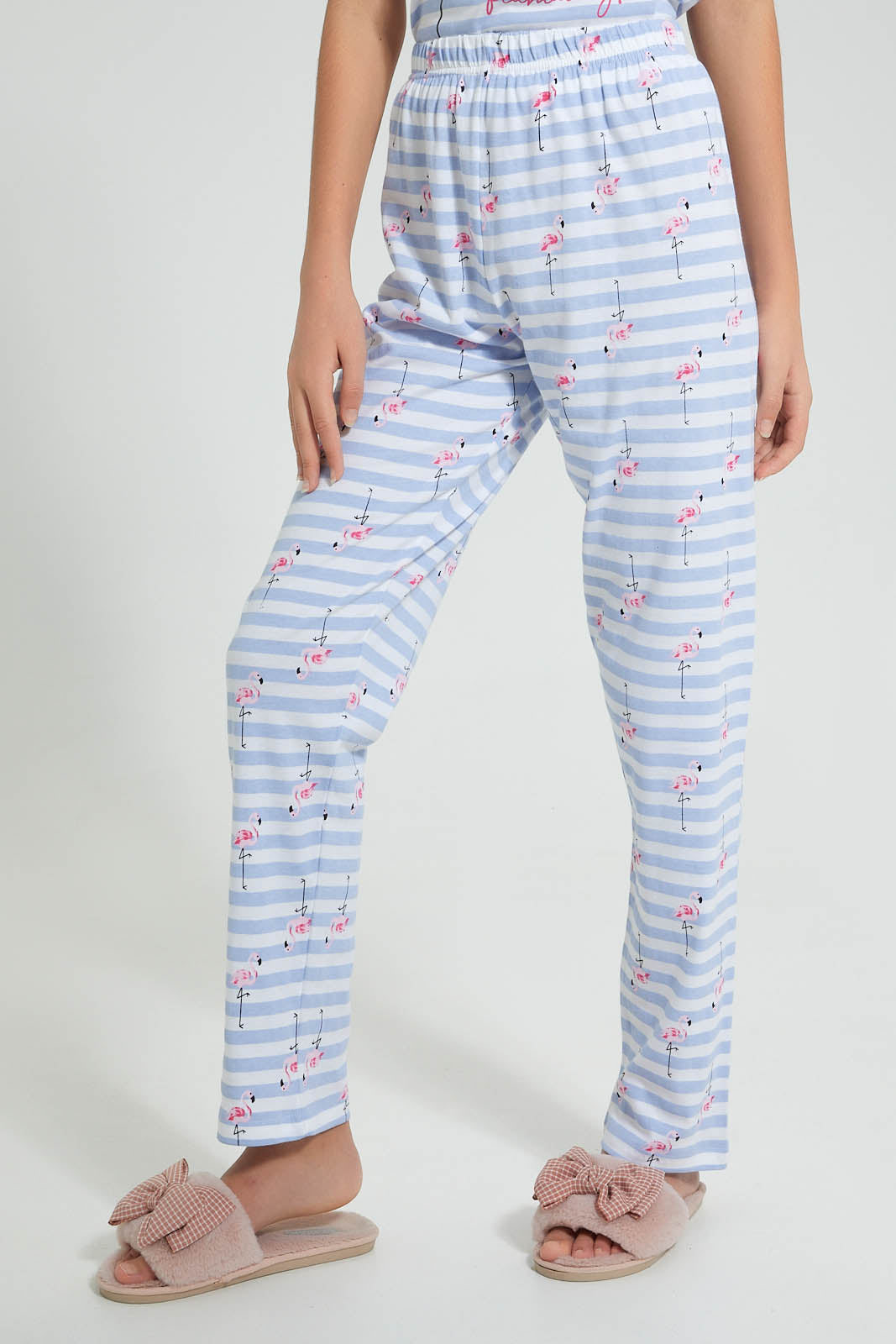 Redtag-White/Blue-Stripe-Flamingo-Pajama-Sets-Pyjama-Sets-Senior-Girls-9 to 14 Years