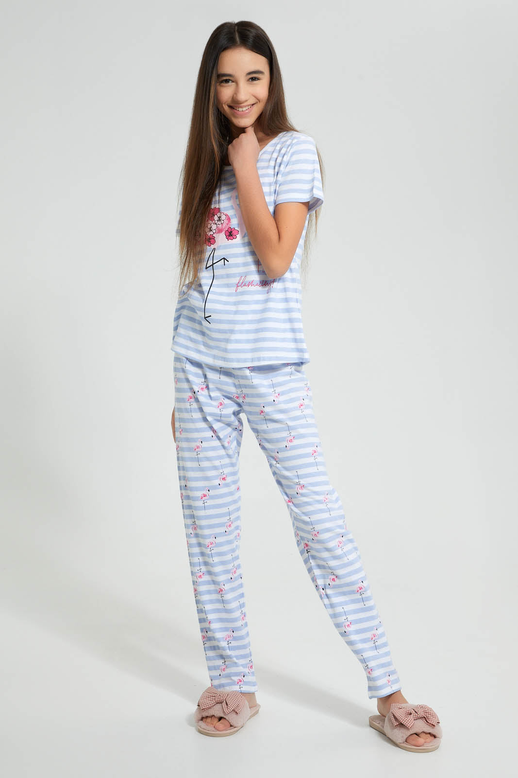 Redtag-White/Blue-Stripe-Flamingo-Pajama-Sets-Pyjama-Sets-Senior-Girls-9 to 14 Years