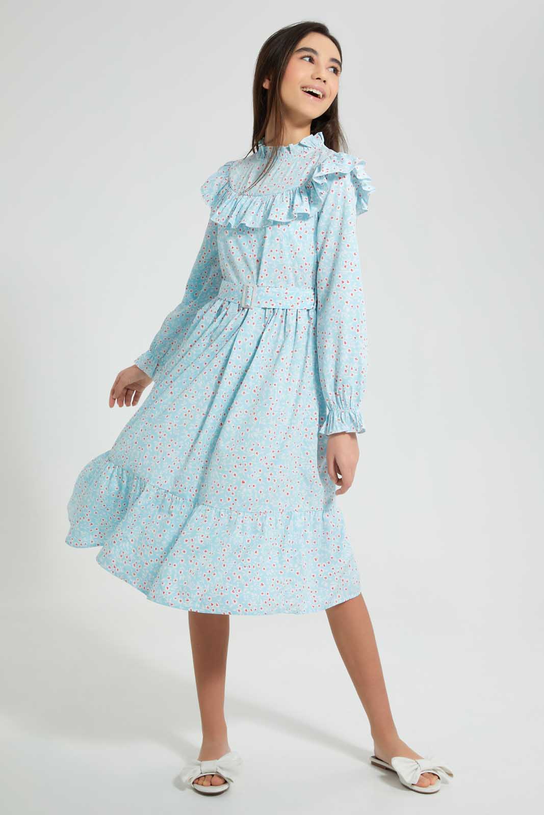 Redtag-Lt-Blue-Floral-L/S-Ruffled-Longer-Length-Dress-Dresses-Senior-Girls-9 to 14 Years