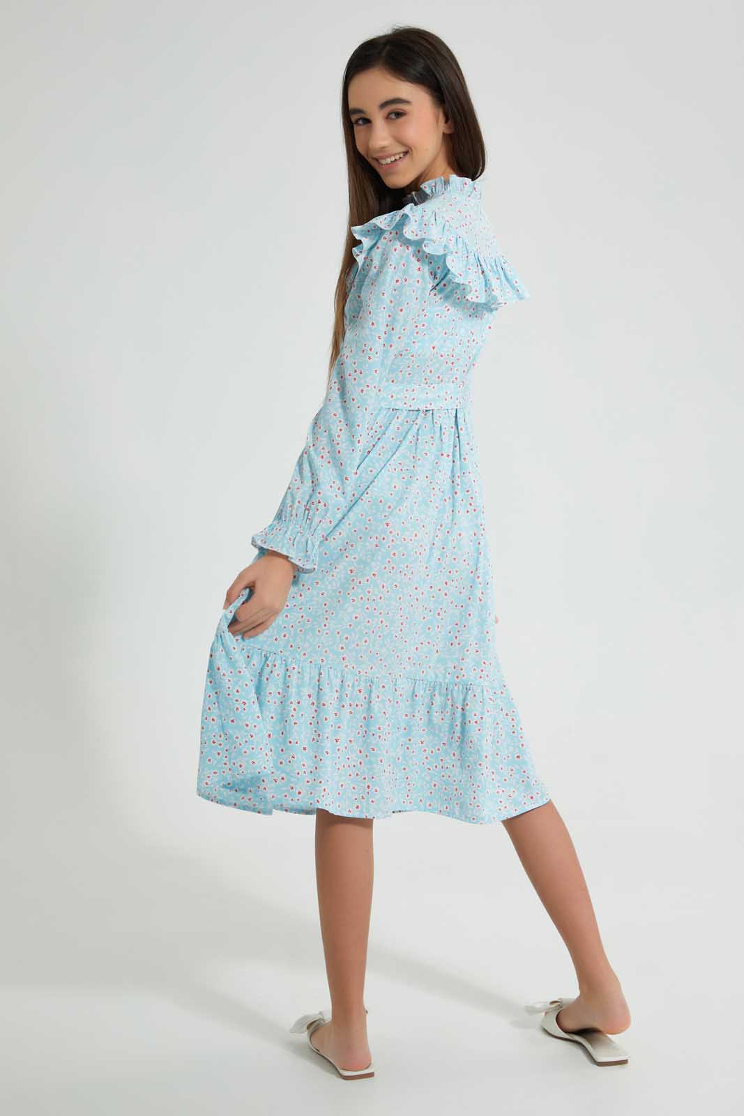 Redtag-Lt-Blue-Floral-L/S-Ruffled-Longer-Length-Dress-Dresses-Senior-Girls-9 to 14 Years