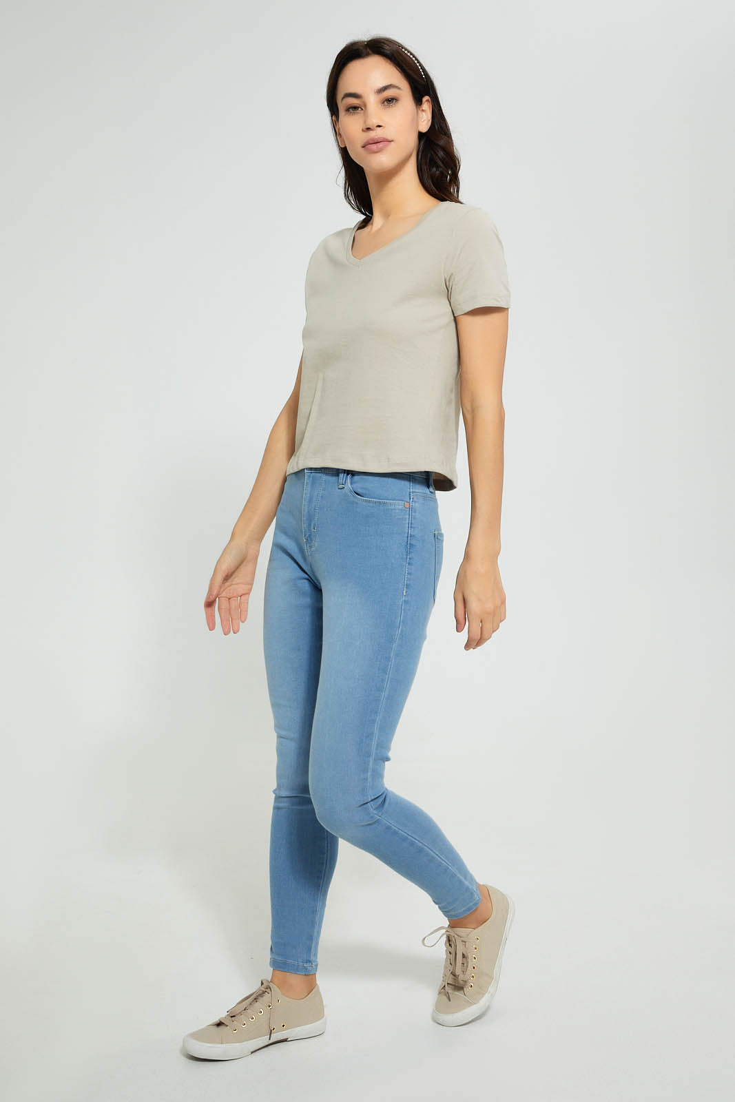 Redtag-Pale-Green-Plain-Short--Sleeve-V-Neck-T-Shirt-Active-Tees-Women's-