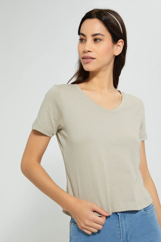Redtag-Pale-Green-Plain-Short--Sleeve-V-Neck-T-Shirt-Active-Tees-Women's-