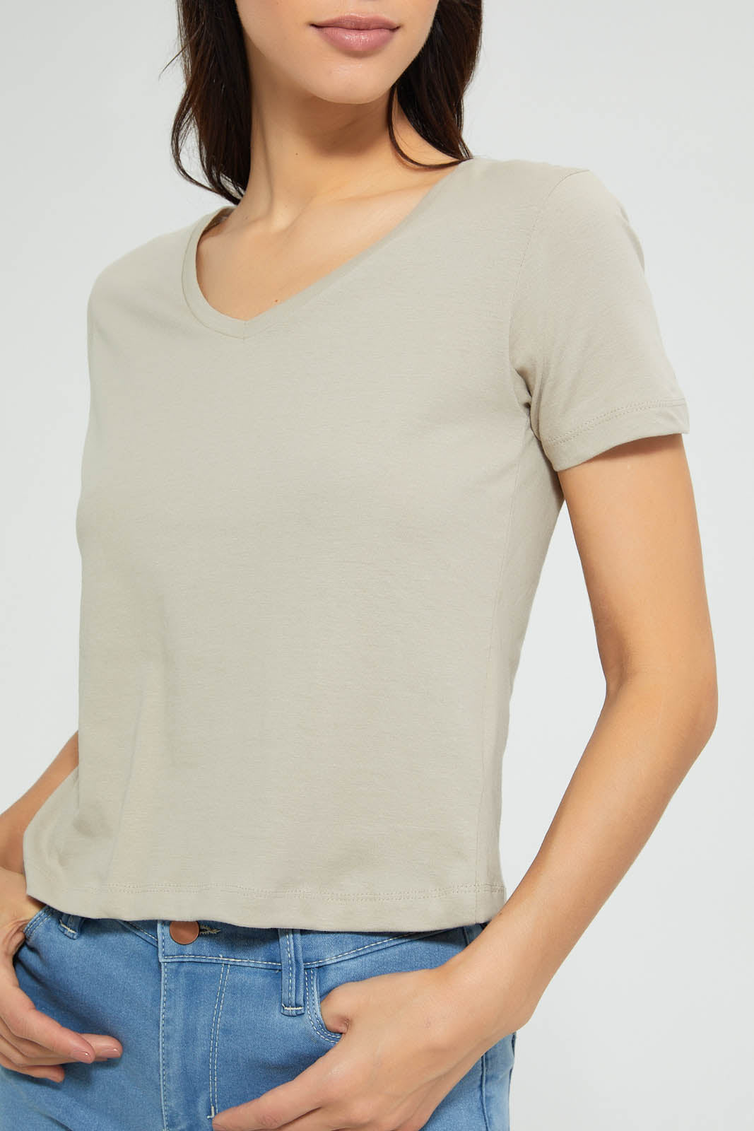 Redtag-Pale-Green-Plain-Short--Sleeve-V-Neck-T-Shirt-Active-Tees-Women's-