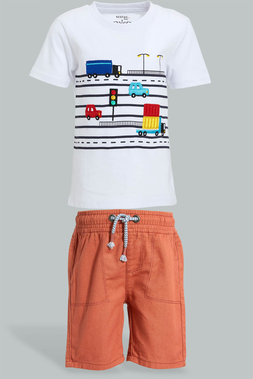 Redtag-White-Car-T-Shirt-With-Orange-Twill-Short-Casual-Set(2-Pack)-Sets-Infant-Boys-3 to 24 Months