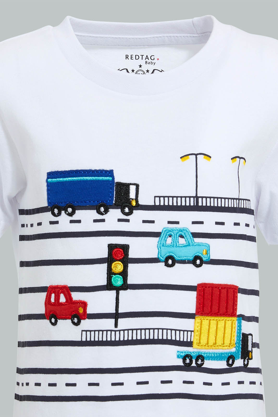 Redtag-White-Car-T-Shirt-With-Orange-Twill-Short-Casual-Set(2-Pack)-Sets-Infant-Boys-3 to 24 Months