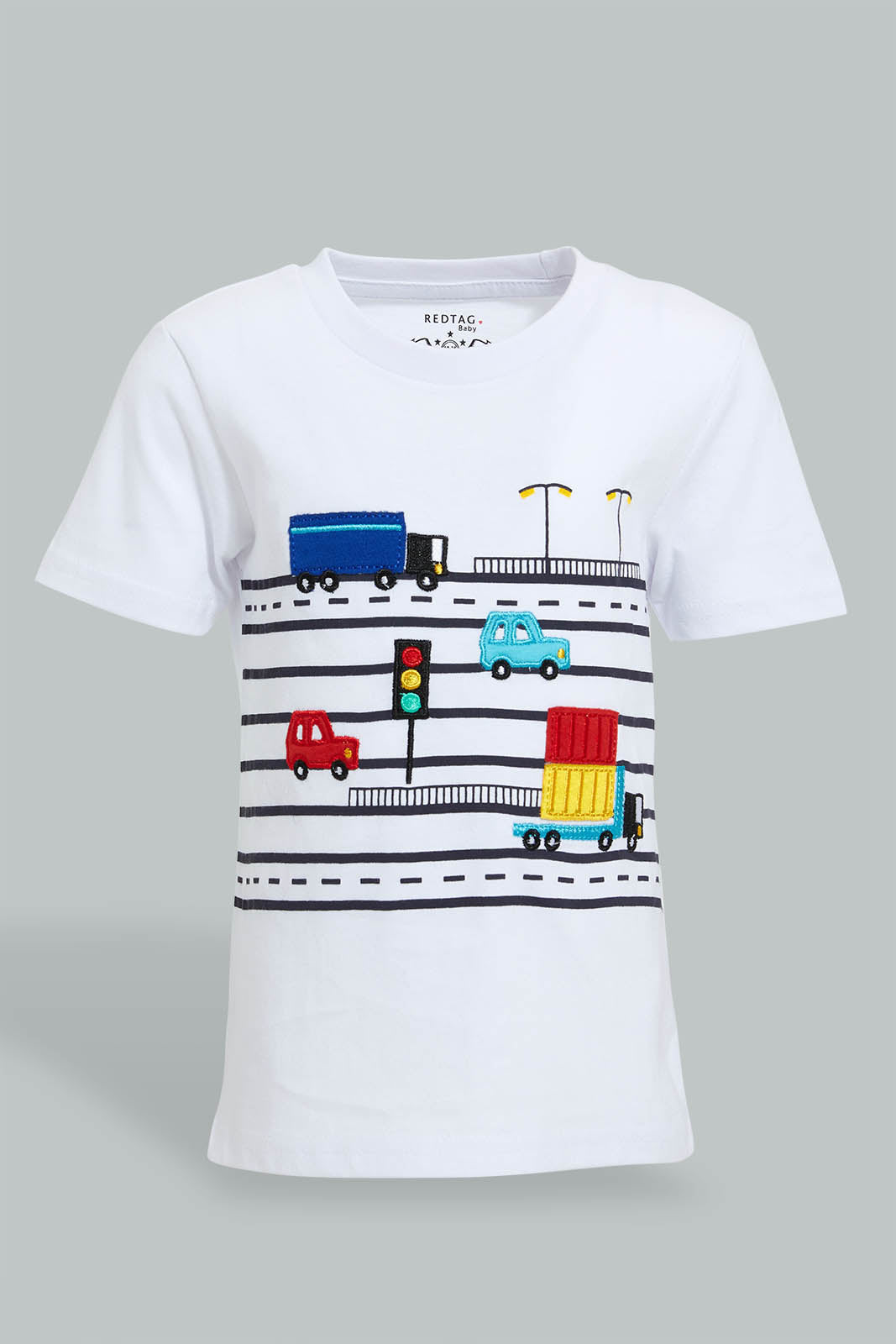 Redtag-White-Car-T-Shirt-With-Orange-Twill-Short-Casual-Set(2-Pack)-Sets-Infant-Boys-3 to 24 Months