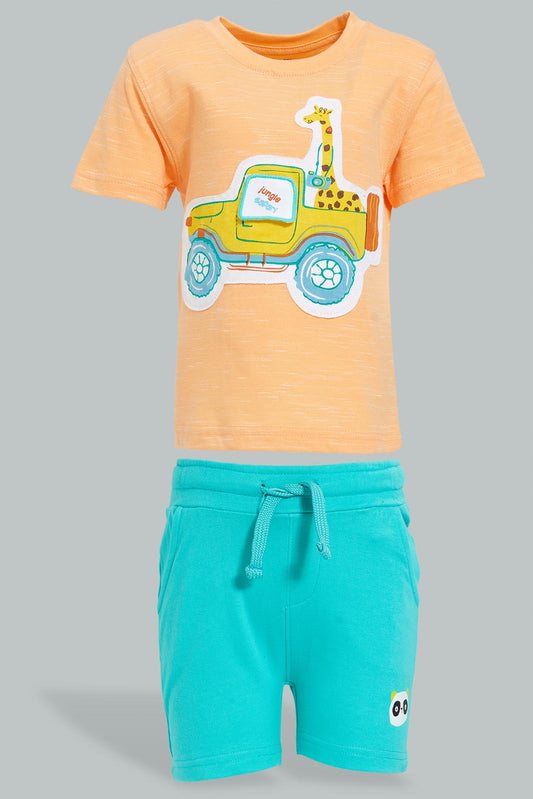 Redtag-Orange-Yd-T-Shirt-With-Blue-Terry-Short-(2-Pack)-Colour:Orange,-Filter:Infant-Boys-(3-to-24-Mths),-Infant-Boys-Sets,-New-In,-New-In-INB,-Non-Sale,-S22B,-Section:Kidswear-Infant-Boys-3 to 24 Months