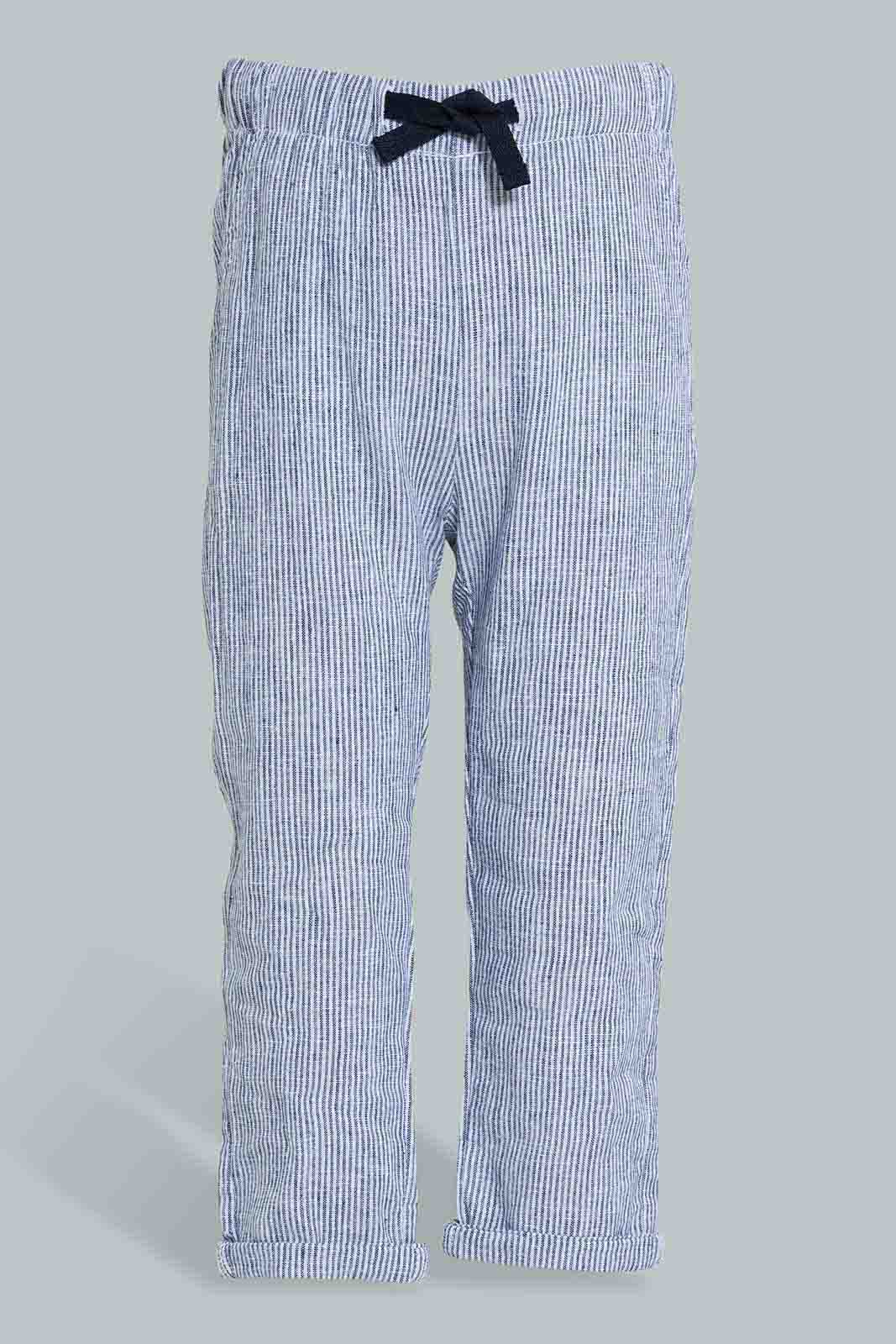 Redtag-Blue-Striped-Linen-Pull-On-Casual-Trousers-Chinos-Infant-Boys-3 to 24 Months