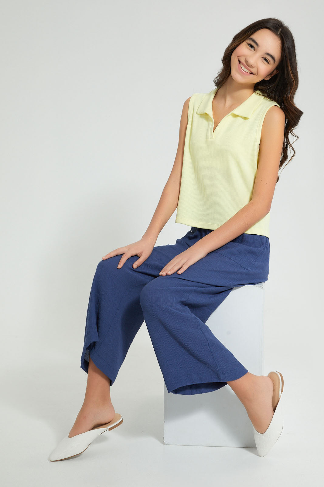 Redtag-Yellow-S/L-Collared-Rib-Top-Plain-Senior-Girls-9 to 14 Years