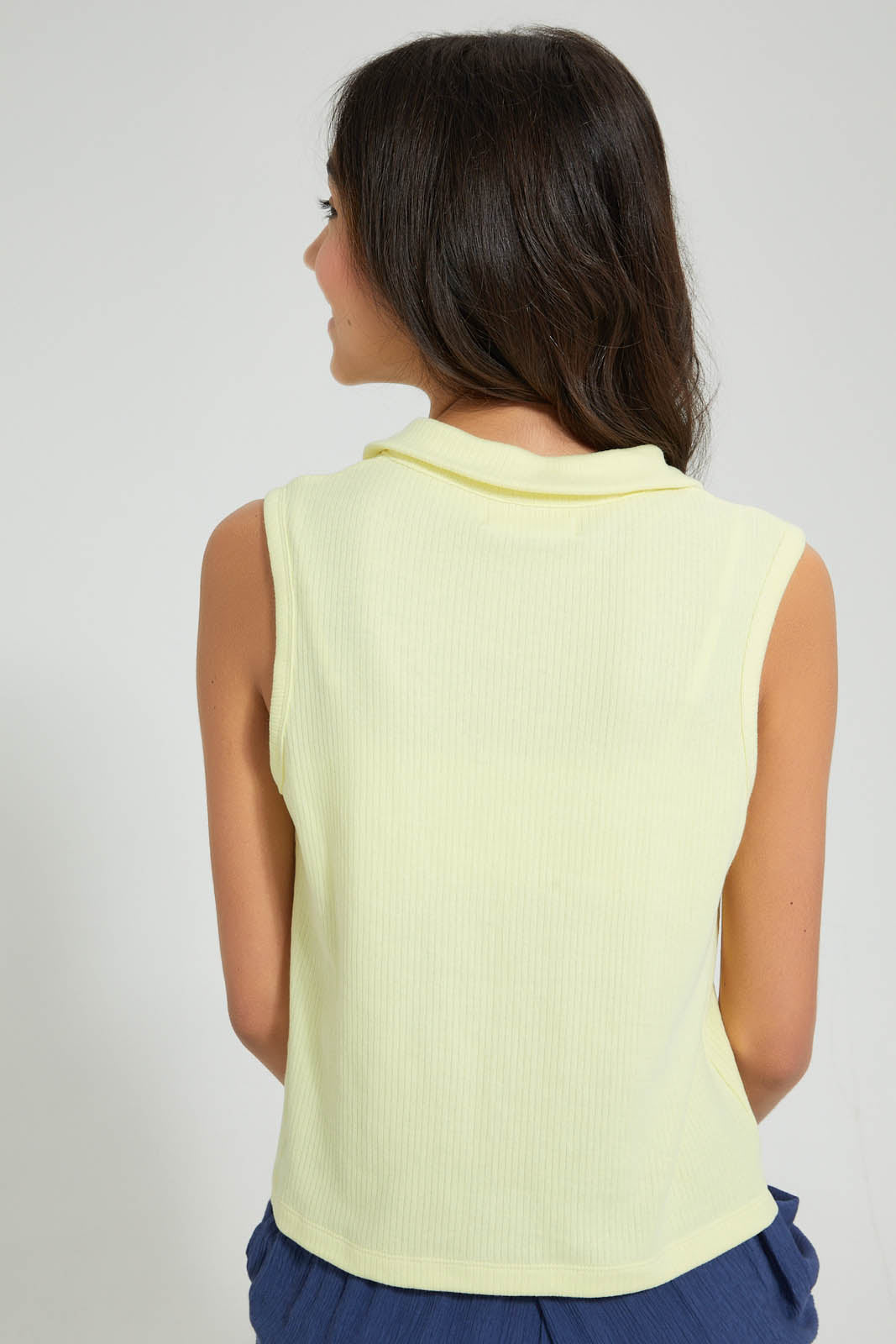 Redtag-Yellow-S/L-Collared-Rib-Top-Plain-Senior-Girls-9 to 14 Years
