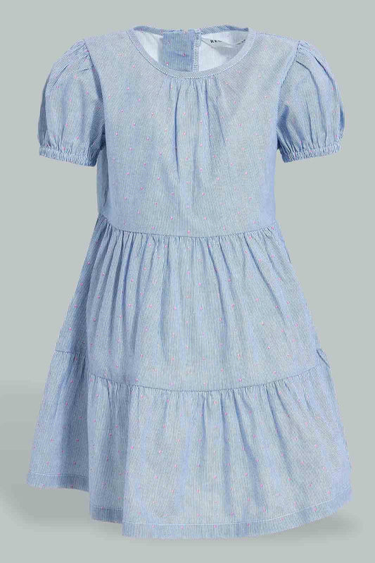 Redtag-Blue-Tiered-Puff-Sleeves-Stripes-Dress-Dresses-Infant-Girls-3 to 24 Months