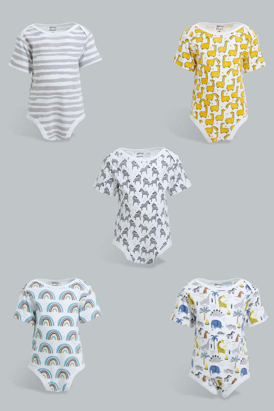 Redtag-Yellow--And-Grey-Animal-Print-5-Piece-Pack-Body-Suit-Bodysuits-Baby-0 to 12 Months