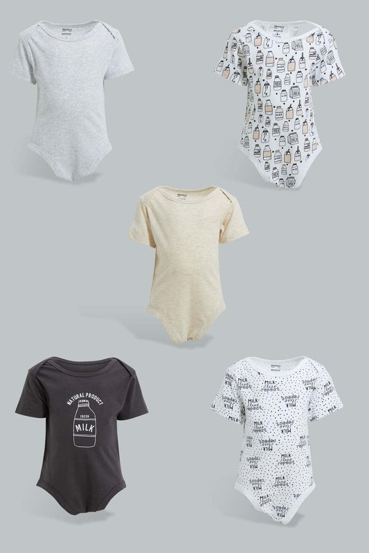 Redtag-White-And-Black-Mono-Chrome-5-Piece-Pack-Body-Suit-Bodysuits-Baby-0 to 12 Months