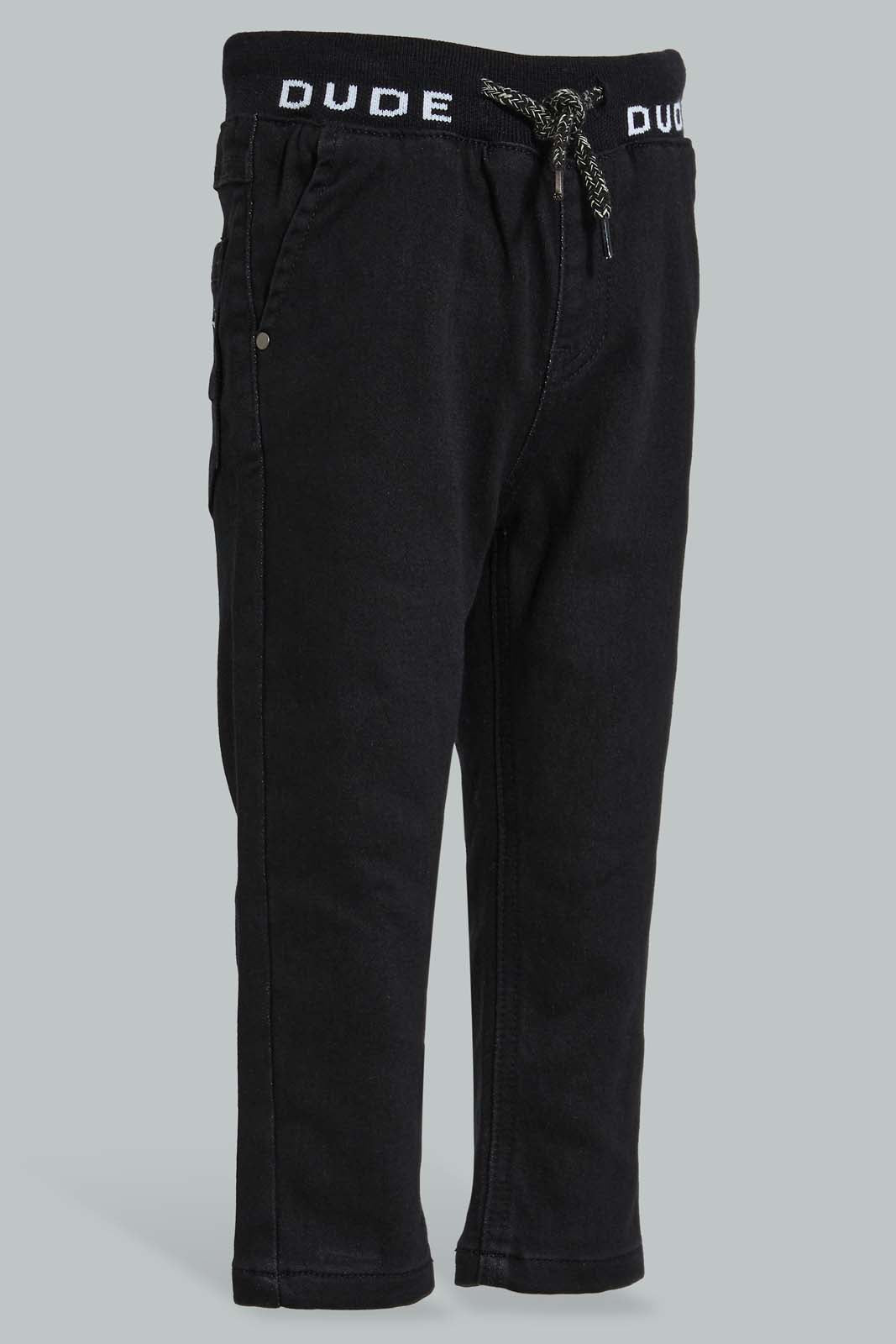 Redtag-Black-Knit-Denim-With-Rib-Waistband-Jeans-Slim-Fit-Infant-Boys-3 to 24 Months