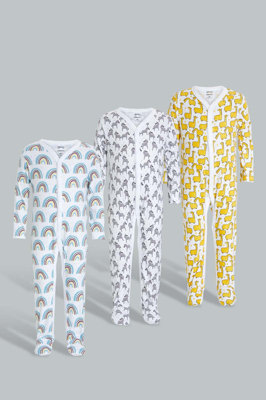 Redtag-Yellow--And-Grey-Animal-Print-3-Piece-Pack-Sleep-Suit-Sleepsuits-Baby-0 to 12 Months
