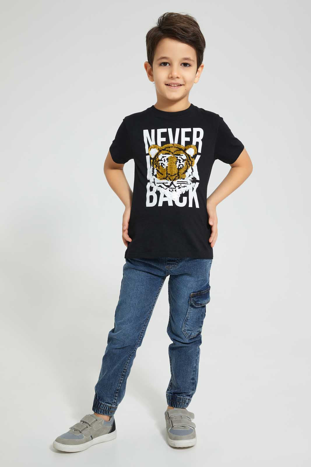Redtag-Black-Tiger-Sequin-T-Shirt-All-Over-Prints-Boys-2 to 8 Years