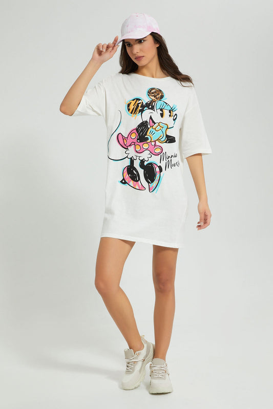 Redtag-White-Minnie-Long-Line-Character-T-Shirt-Active-Tees-Women's-