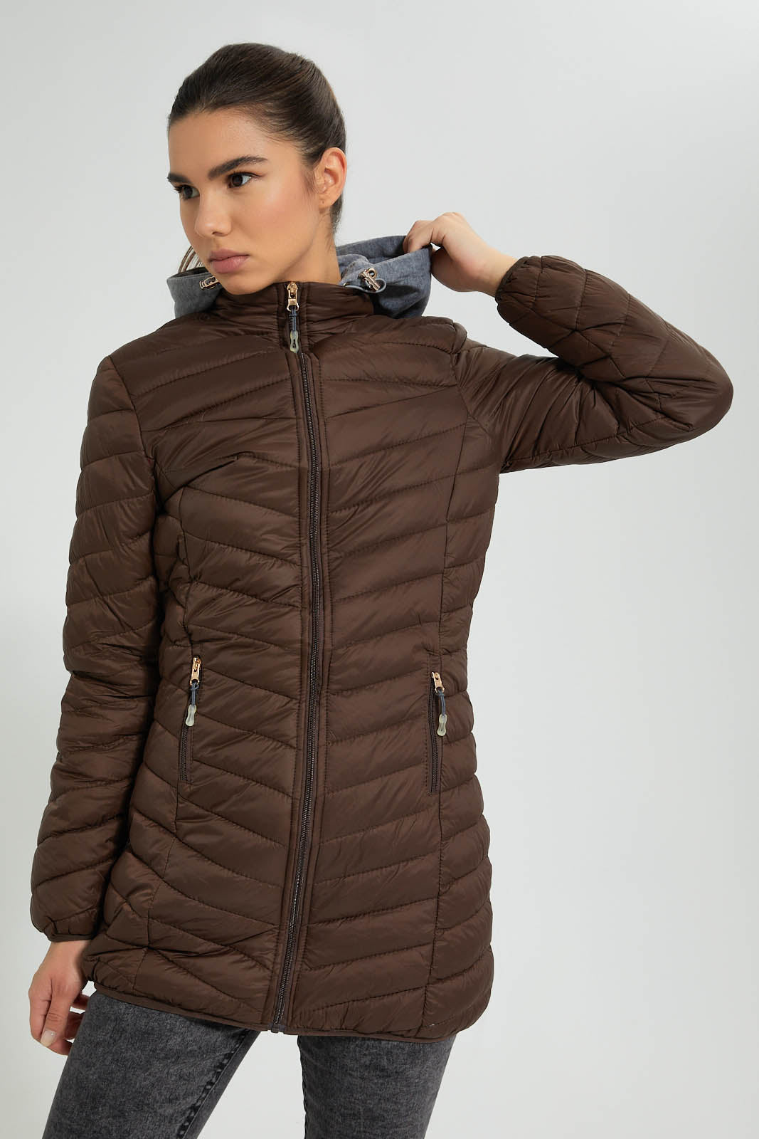 Redtag-Brown-Padded-Jacket-With-Hoodie-Colour:Brown,-Filter:Women's-Clothing,-New-In,-New-In-Women,-Non-Sale,-S22A,-Section:Women,-Women-Jackets-Women's-