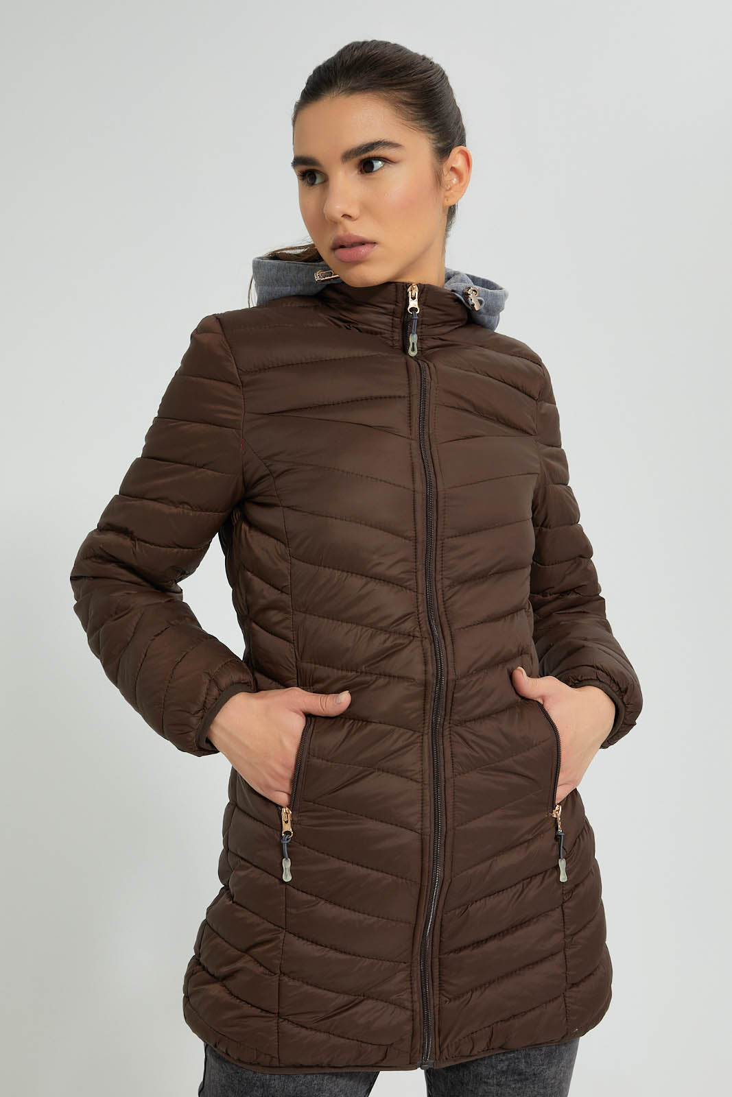 Redtag-Brown-Padded-Jacket-With-Hoodie-Colour:Brown,-Filter:Women's-Clothing,-New-In,-New-In-Women,-Non-Sale,-S22A,-Section:Women,-Women-Jackets-Women's-