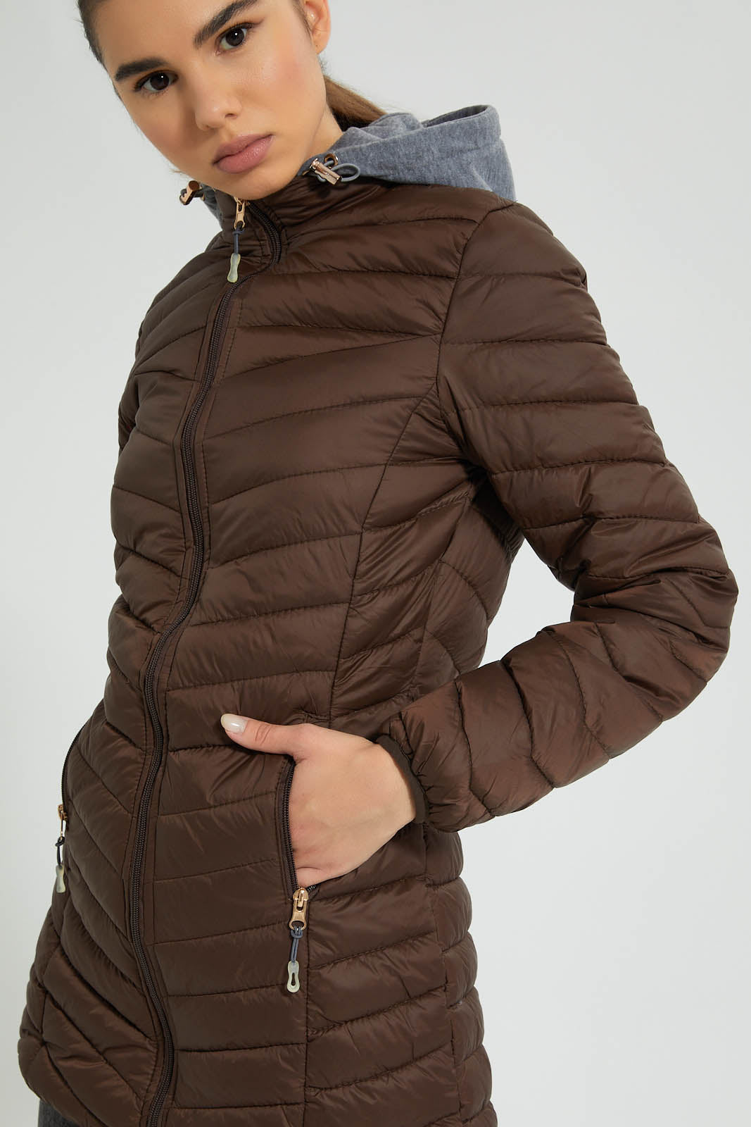 Redtag-Brown-Padded-Jacket-With-Hoodie-Colour:Brown,-Filter:Women's-Clothing,-New-In,-New-In-Women,-Non-Sale,-S22A,-Section:Women,-Women-Jackets-Women's-