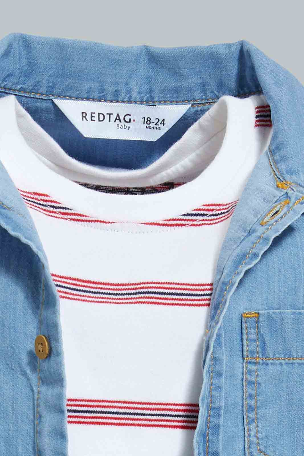 Redtag-Blue-Denim-Ls-Shirt-With-T-Shirt(2-In-1)-Casual-Shirts-Infant-Boys-3 to 24 Months