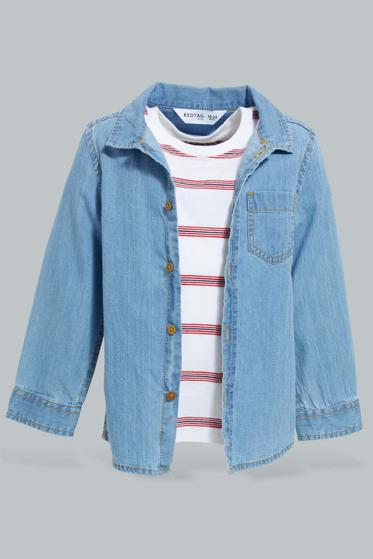 Redtag-Blue-Denim-Ls-Shirt-With-T-Shirt(2-In-1)-Casual-Shirts-Infant-Boys-3 to 24 Months