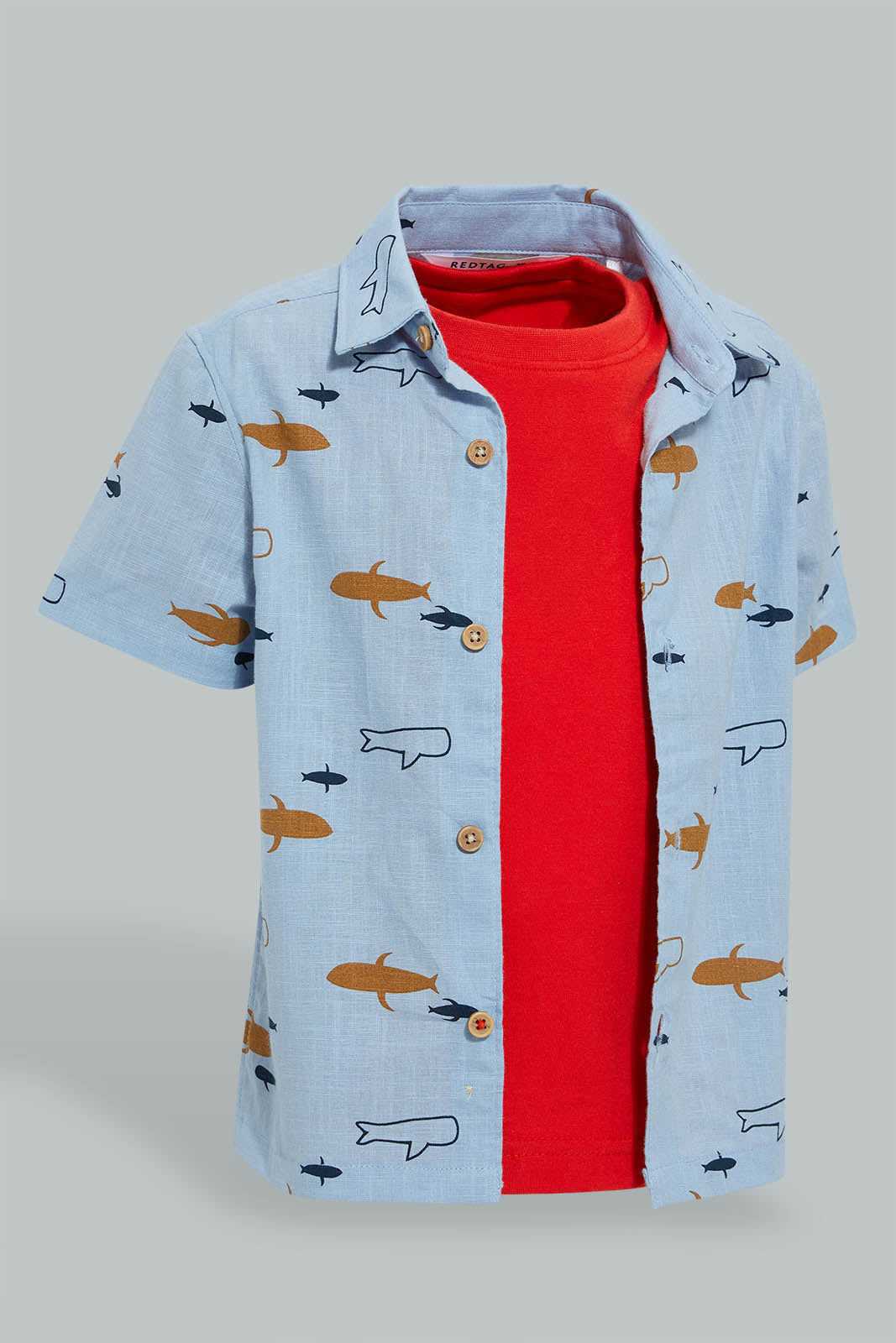 Redtag-Blue-Printed-Shirts-With-T-Shirt(2-In-1)-Casual-Shirts-Infant-Boys-3 to 24 Months