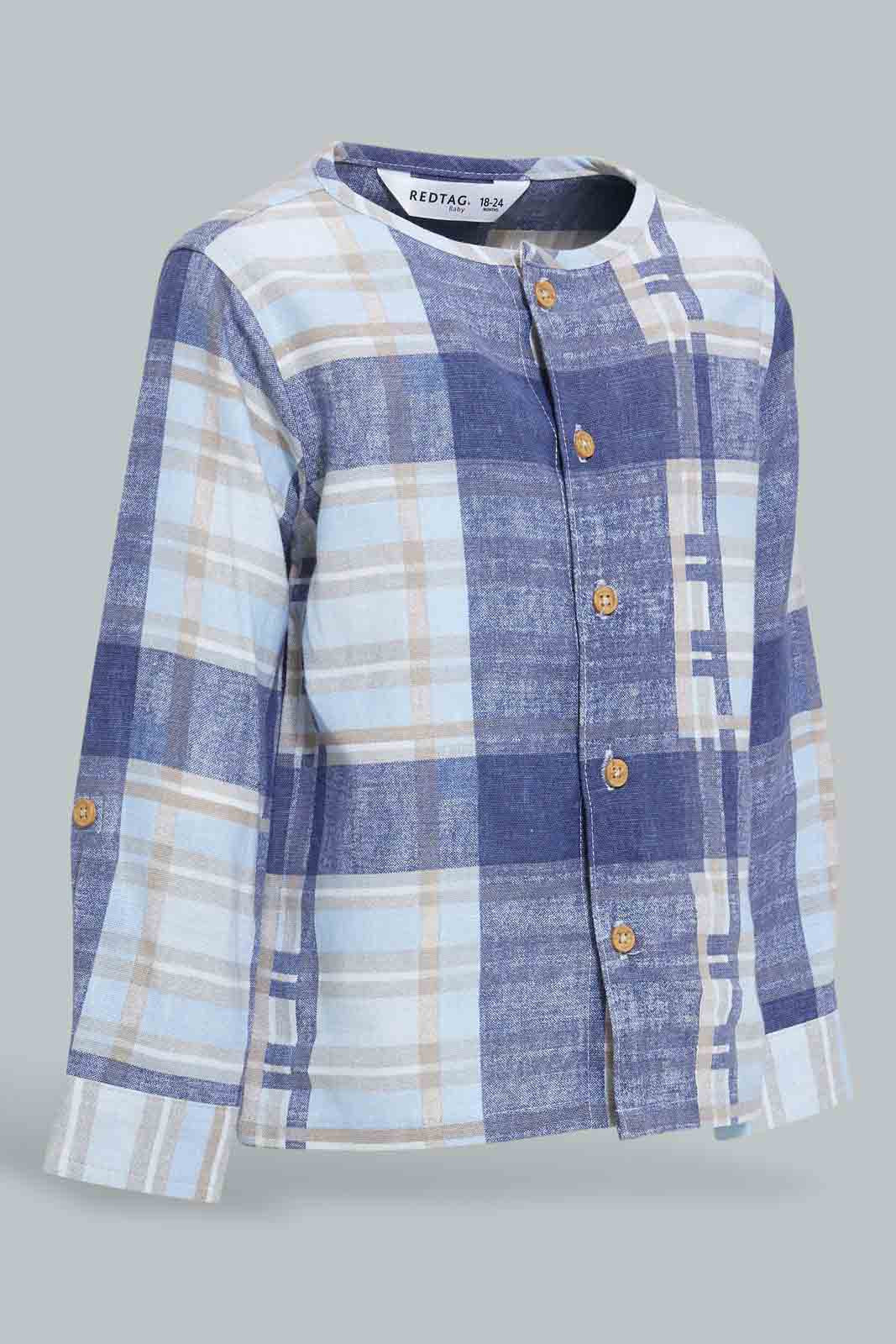 Redtag-Blue-Yd-Checked-Mandarin-Long-Slv-Shirt-Casual-Shirts-Infant-Boys-3 to 24 Months