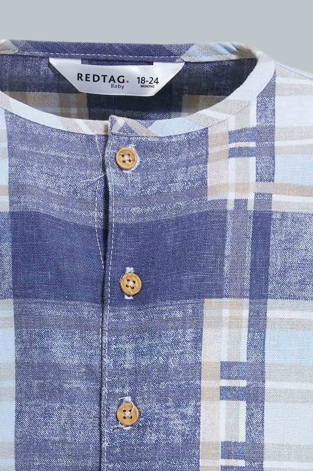 Redtag-Blue-Yd-Checked-Mandarin-Long-Slv-Shirt-Casual-Shirts-Infant-Boys-3 to 24 Months