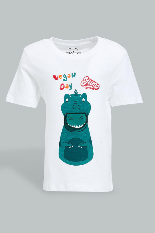 Redtag-White-Animal-Apllique-Short-Slv-Tshirt-All-Over-Prints-Infant-Boys-3 to 24 Months