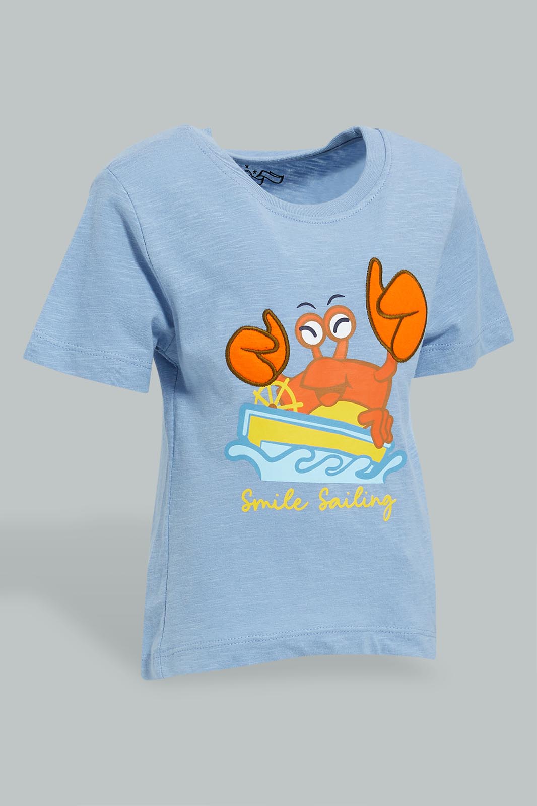 Redtag-Blue-Crab-Slub-Short-Slv-Tshirt-All-Over-Prints-Infant-Boys-3 to 24 Months