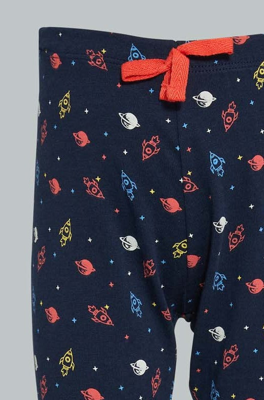 Navy And Coral Printed Pyjama Set For Baby Boys (3 Piece)