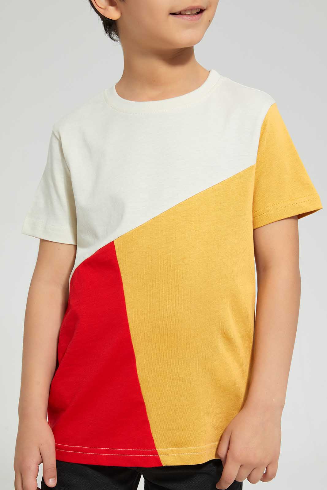 Redtag-Red-Vertical-Cut-And-Sew-T-Shirt-All-Over-Prints-Boys-2 to 8 Years