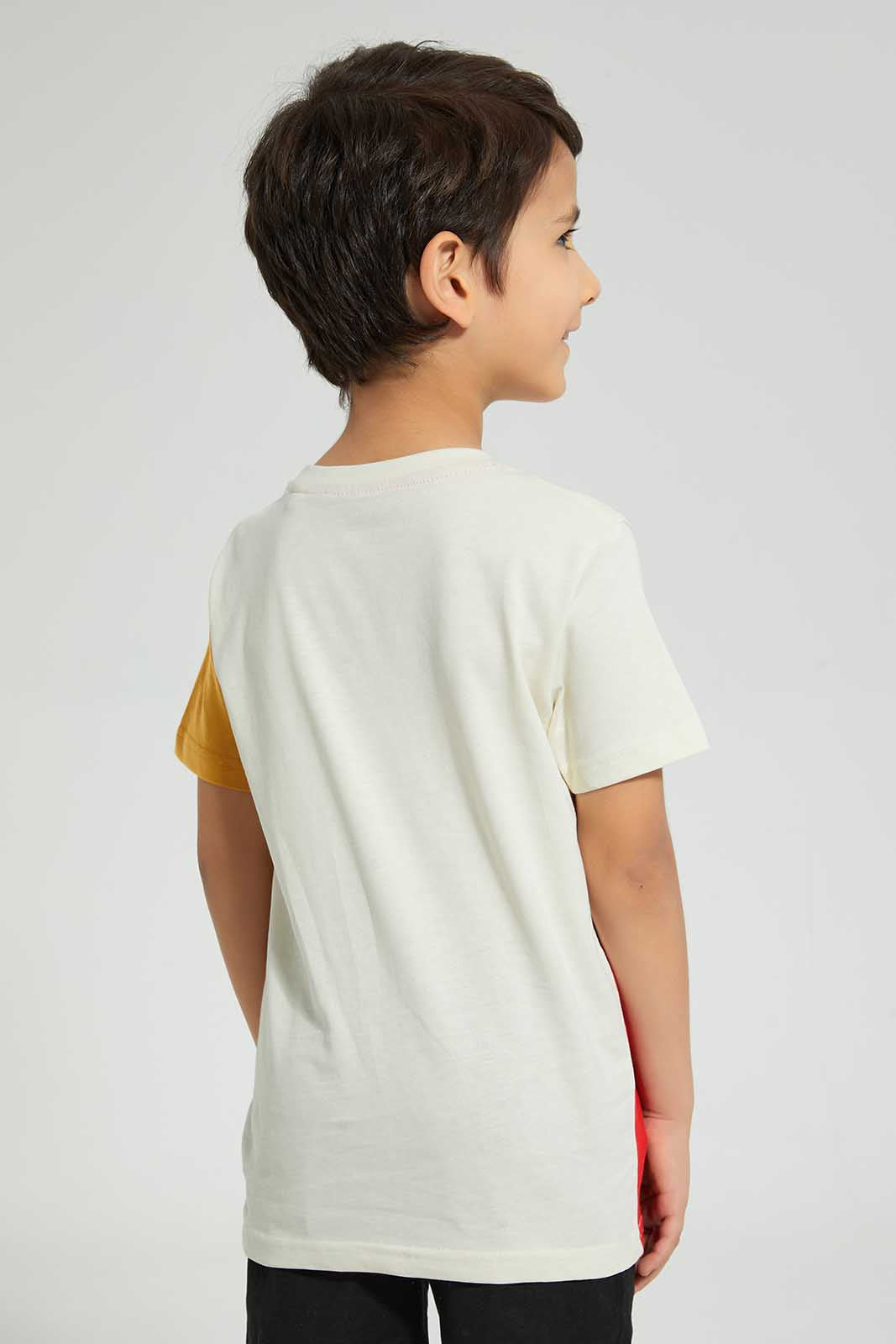 Redtag-Red-Vertical-Cut-And-Sew-T-Shirt-All-Over-Prints-Boys-2 to 8 Years