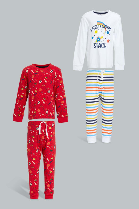 Redtag-White-And-Red-Space-4-Pack-Long-Pyjama-Set-Set-Pyjama-Sets-Infant-Boys-3 to 24 Months