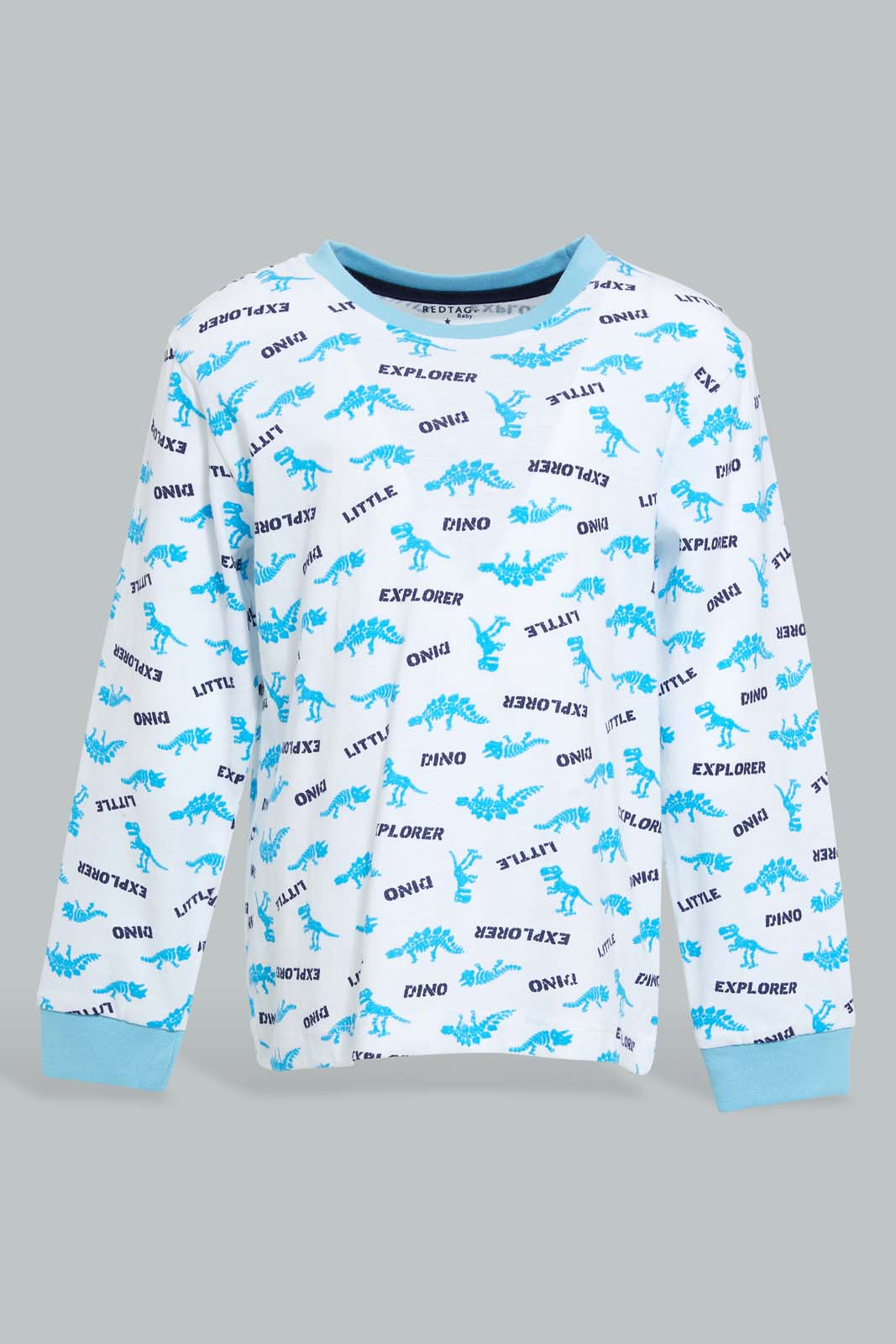 Redtag-White-And-Blue-Dino-4-Pack-Long-Pyjama-Set-Set-Pyjama-Sets-Infant-Boys-3 to 24 Months
