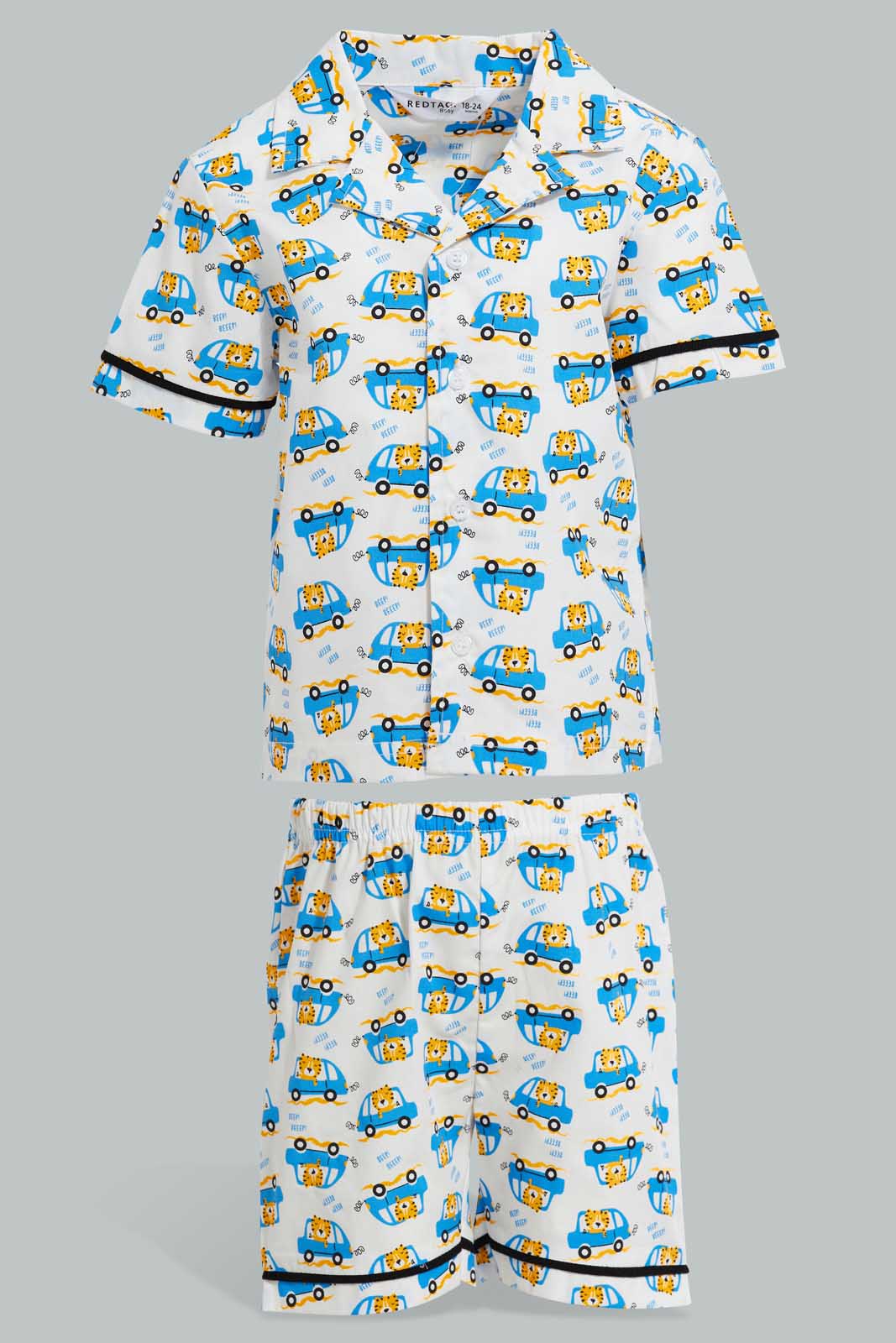 Redtag-White-Car-Printed-Woven-Short-Pj-Set-(2-Pack)-Pyjama-Sets-Infant-Boys-3 to 24 Months