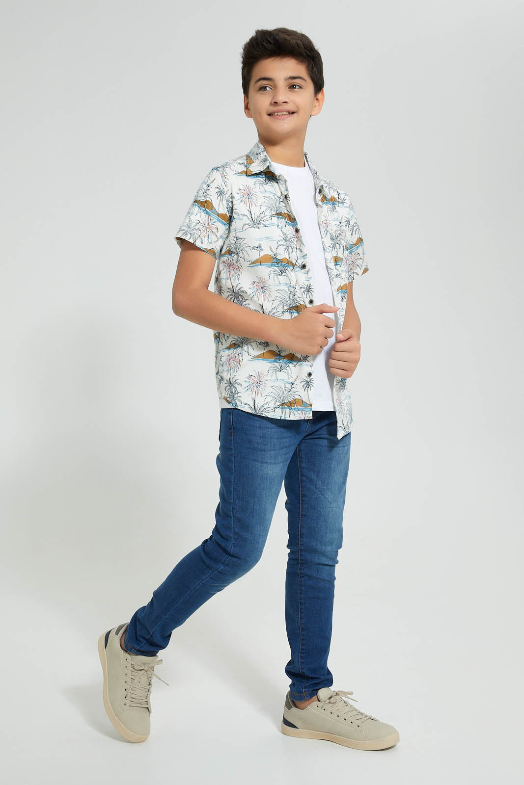 Redtag-White-Allover-Print-Shirt-With-T-Shirt-Casual-Shirts-Senior-Boys-9 to 14 Years